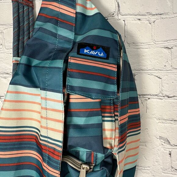 Kavu Rope Sling Crossbody Backpack Book Bag Green Striped Adjustable Strap - Picture 2 of 9